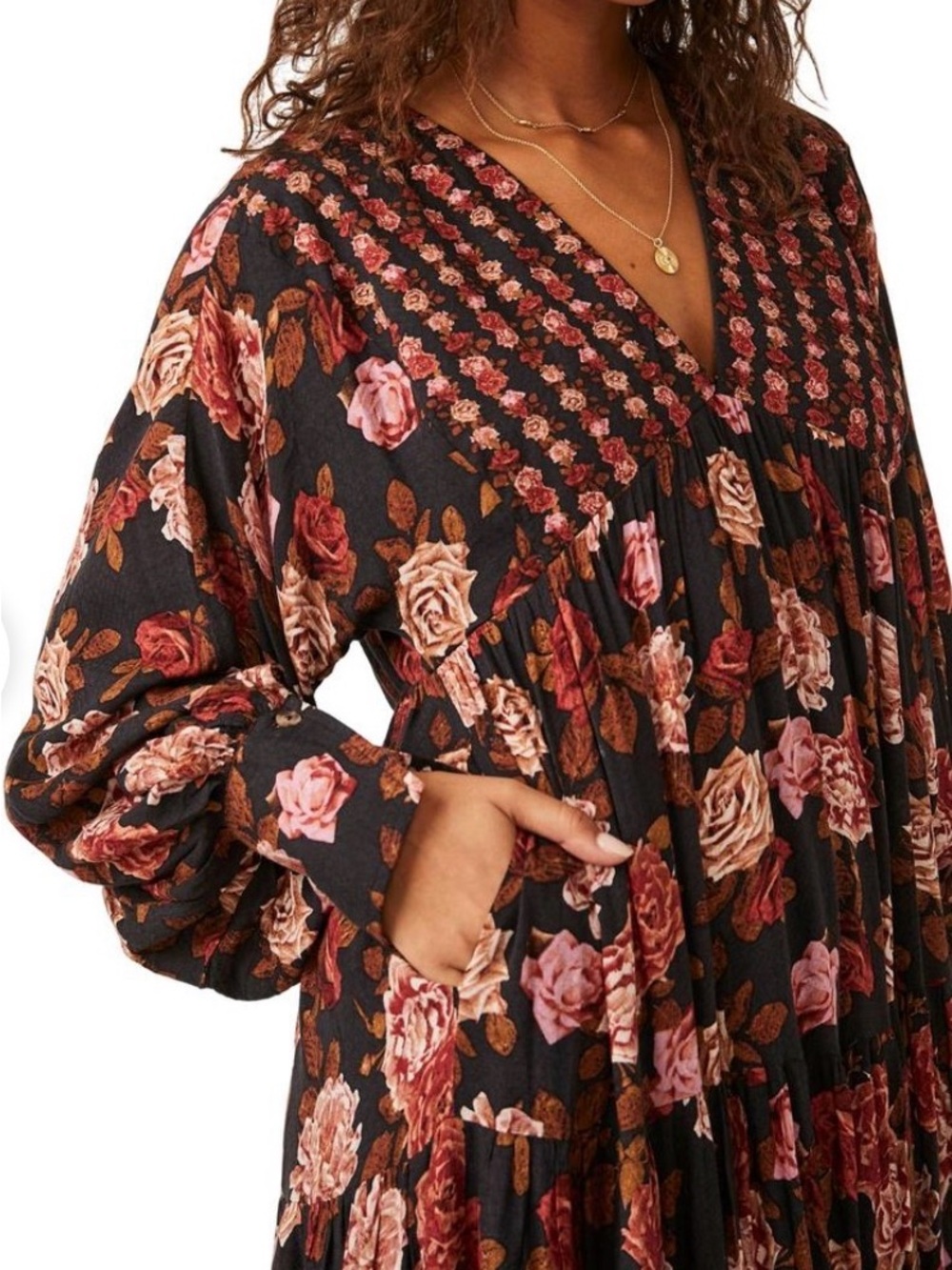 Free People Rows of Roses Women's Black Floral V-Neck Maxi Dress L - Picture 7 of 10